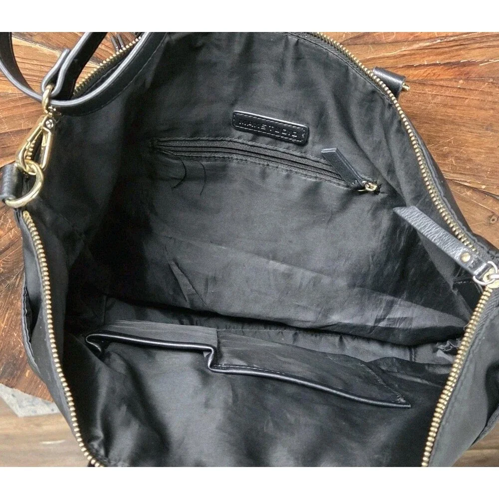 MAX STUDIO Black Satchel Top Handle Bag, Zip, Detachable Adjustable Strap, Gold